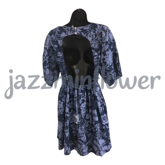 Free people dark navy blue dear delilah puff sleeve smocked babydoll mini dress - Picture 10 of 16